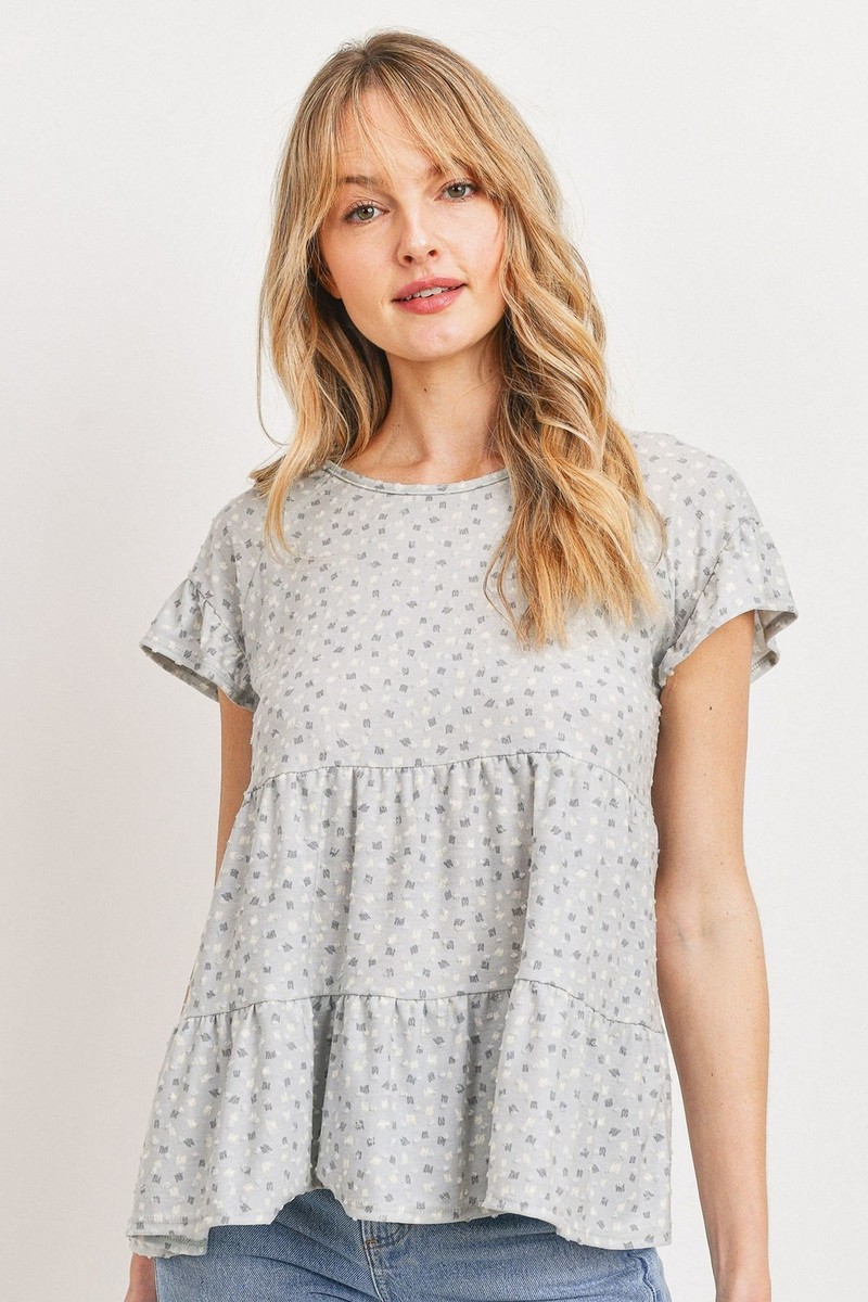 Dot Textured Print Jersey Ruffled Short Sleeve Top Gray | eBay