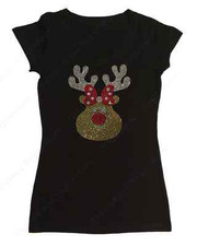 Womens Rhinestone T-shirt " Cute Christmas Reindeer " in S, M, L, 1X, 2X, 3X