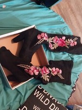 Wild Diva Thigh High Black Embroidered Floral Drawstring Heeled Boots Size 7 1/2