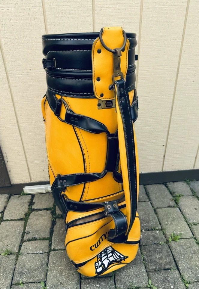 Bolsa de golfe vintage Belding couro CUTTY SARK amarela e preta EUA - Imagem 3 de 4