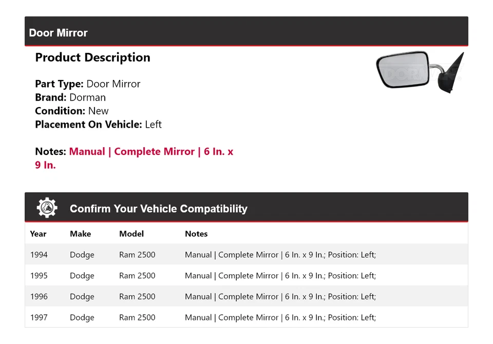 Для 1994-1997 Dodge Ram 2500 Dorman дверное зеркало слева 1995 1996 - Изображение 2 из 4