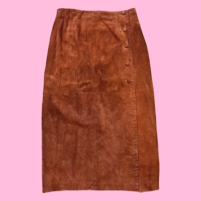 1990s 70s Style Brown Supple Leather Suede Buttons Maxi Skirt