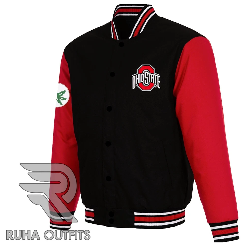 Chaqueta Universitaria NCAA Ohio State Buckeyes Negra/Roja Satinada Clásica Bomber Lettermen Foto 2 de 4