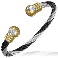 Stainless Steel Black Silver Tone Twisted Cable Crystals CZ Womens Cuff Bangle