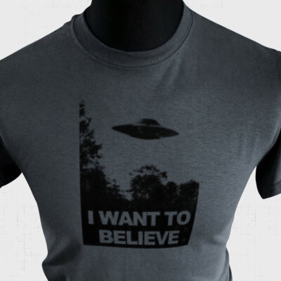 I Want To Believe T-Shirt X Files UFO TV Flying Saucer Poster Mulder Grey