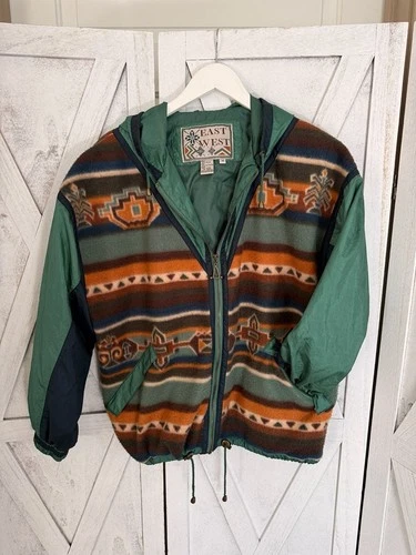 Vintage East West Vintage Hooded Windbreaker Jacket Aztec Print Size M - product listing photo