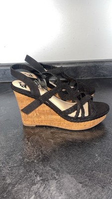 Fergalicious by Fergie '' Voyager '' Women s 8.5,  Black 4.5 Inch Cork Wedge Heel