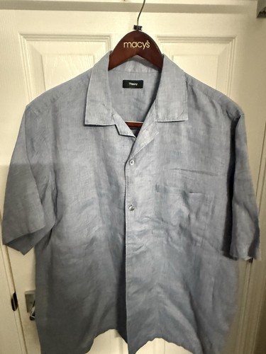 Theory Men's XL Blue Linen Short Sleeve Button-Up Shirt Spread Collar Pocket