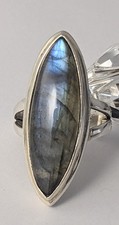 Vtg Sterling Silver Marquise Cut Labradorite Statement Ring SZ 7.5 1 3/8" Long