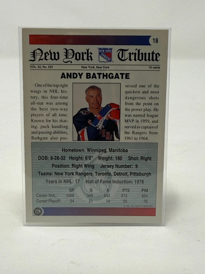 1991-92 Ultimate Original Six - #18 Andy Bathgate - Autographed, (NO COA) - Image 2 of 2
