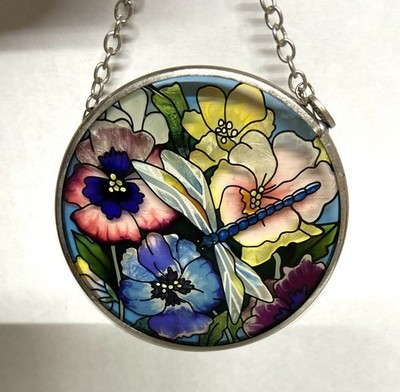 Amia Stained Glass Hanging Hand Painted Dragonfly Flowers 3.5in
