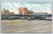 Postcard Vintage Union Pacific Railroad Trains Leaving the Depot at Omaha, NE