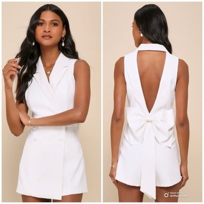 Lulus Large Upscale Individual White Collared Backless Bow Shorts Romper NWOT
