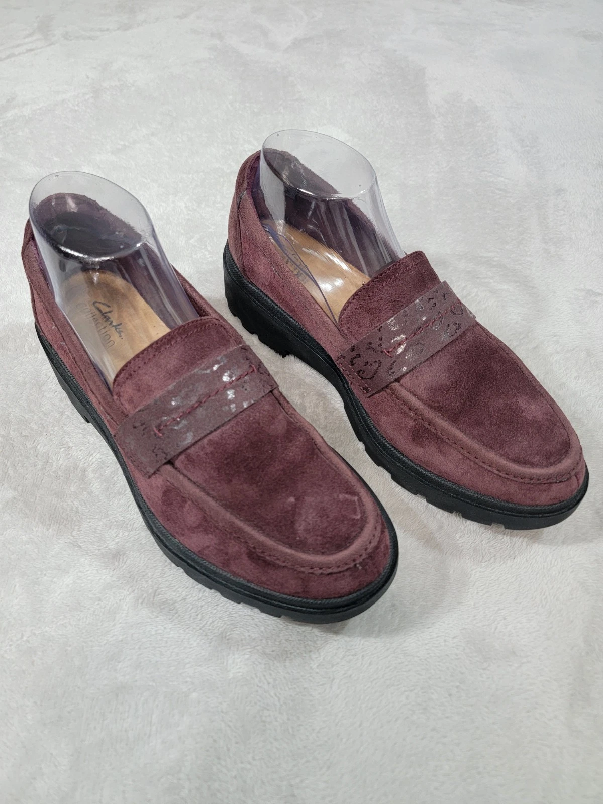 Mocassini Clarks donna 9 5 m tessuto bordeaux suola Lugg slip on ammortizzati comfort