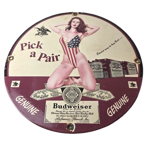 Vintage Budweiser Sign - Adult Beverage Gas Service Station Porcelain Sign