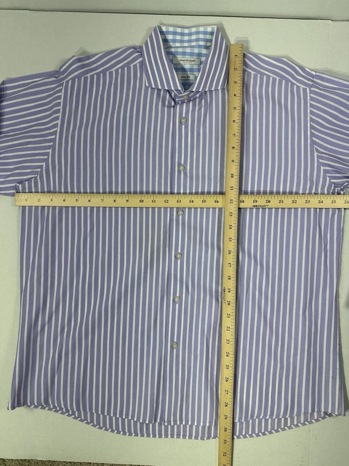 Camisa de vestir Isaac Mizrahi para hombre 17,5 34/35 calce ajustado púrpura blanco a rayas  Foto 4 de 4