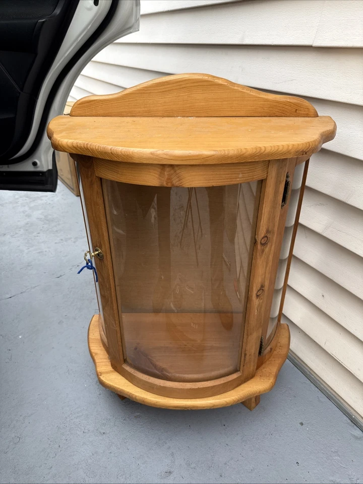 VTG Wooden Curio Cabinet Curved Glass Door Half Round Hanging Table Top 29X23 - Image 2 of 4