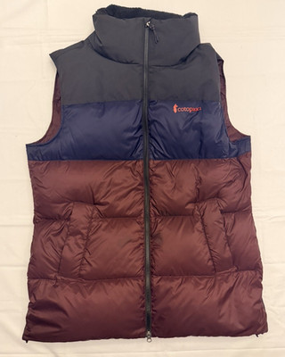 Cotopaxi Solazo Down Vest Women's  XL Cavern & Chestnut Tri Color Striped Puffer