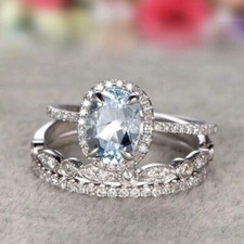 2Ct Oval Cut Simulated Aquamarine Women's Trio Ring Set 14K White Gold Plated