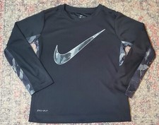 Nike Black Dri-Fit Lightweight Long Sleeve Shirt/Top-Big Swoosh-Youth 6-7-EUC
