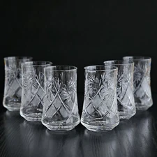 Set of 6 Neman Crystal Glasses, 7 oz, Hand-Cut Design, 4.5" Tall