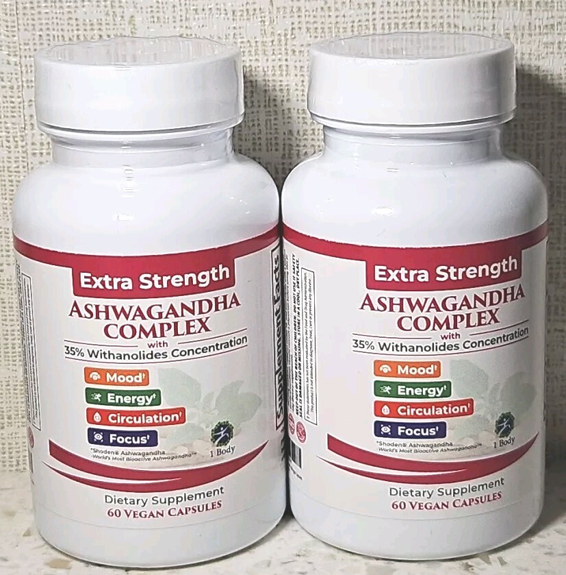 Lot Of 2 1Body Ashwagandha Complex 60 Capsules with Shoden Stress Relief Focus