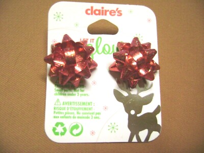 NWT- CLAIRES ROUND METAL 3-D RED SPARKLEY BOW CHRISTMAS HOLIDAY PIERCED EARRINGS
