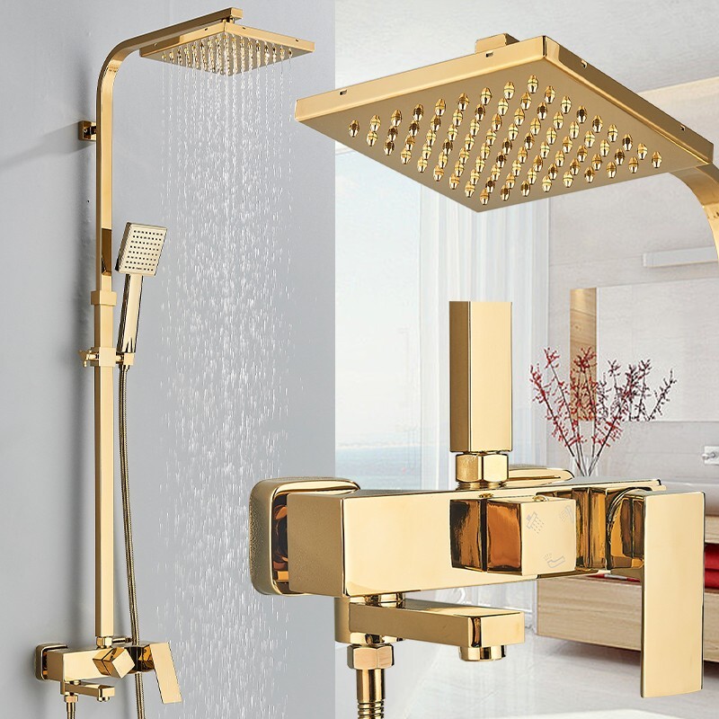 Set Doccia Con Soffione A Pioggia, Asta Regolabile 80-120 Cm, Miscelatore In Ottone Antico Oro - Stile Retrò Moderno Per Bagno