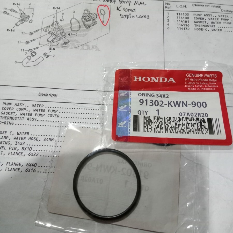Genuine Parts Honda PCX 125 2010-2020 Water Pump O Ring Seal 34x2