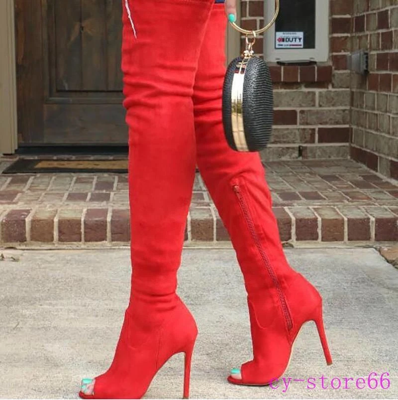 Womens Zip Stretch Over Knee Thigh High Boots Peep Toe Stiletto