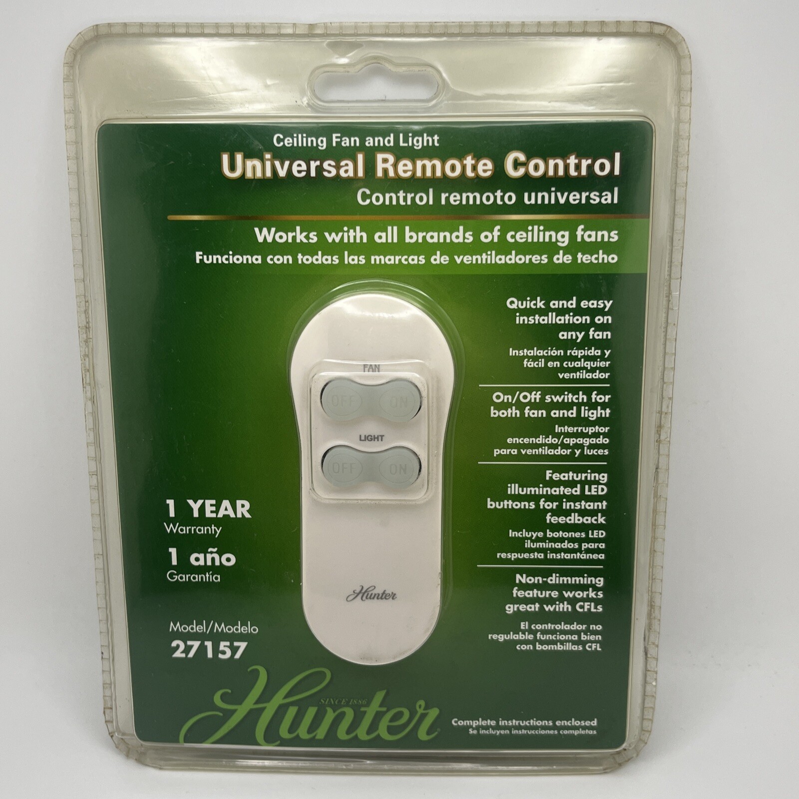 Hunter Wireless Universal Ceiling Fan Light Switch Remote Control 27157