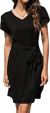 Blooming Jelly Women's Business Casual V Neck Petal Sleeve Dress, Black, S