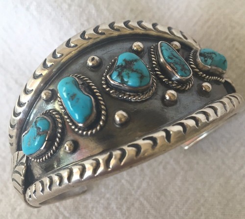 OLD Gorgeous Hand-Stamped Sterling Silver TURQUOISE Cuff BRACELET Vintage Pawn