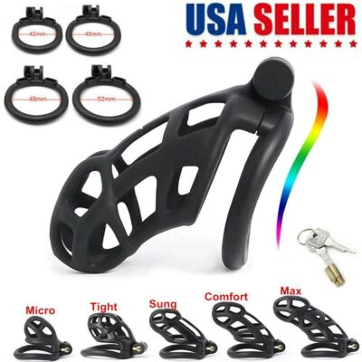 Male Chastity Cage Lock Device Kit W/ 4 Rings Virginity Device 5 Sizes Curve US