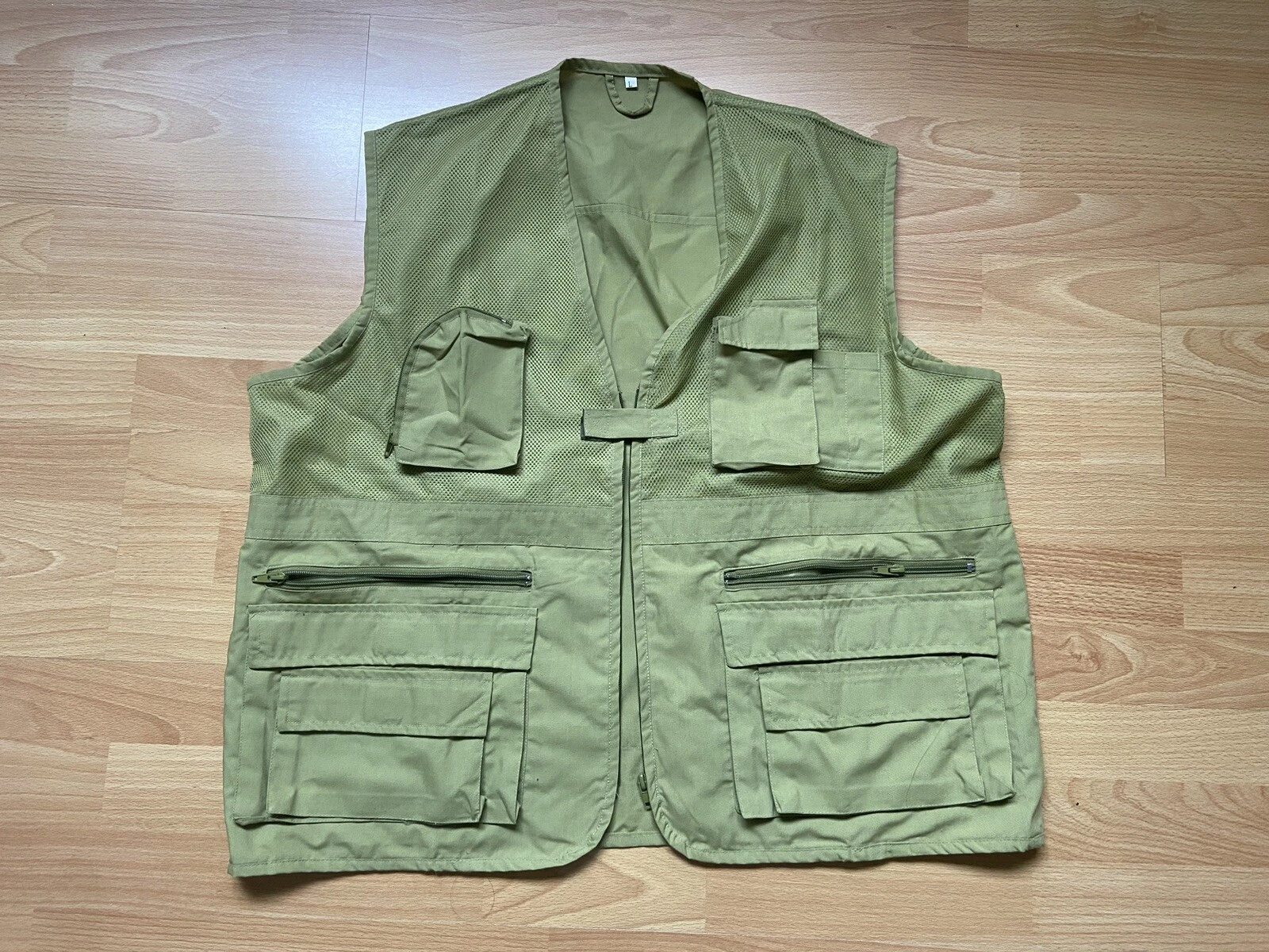 Men's Vintage Green Utility Vest Multi-Pocket Mesh FISHING size L Minimal Mod