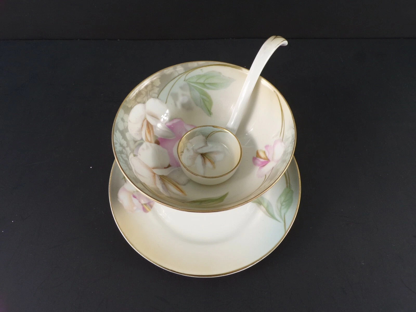 VTG HANDPAINTED ReginaWare Germany 3pc Sauce Bowl 4.5" Plate 5.5" Ladle Perfect