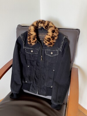 Authentic Louis Vuitton Black Denim Mink Fur Collar Logo Bomber