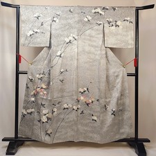 Vintage Japanese Silk Kimono Robe Black Gray w/ Floral Motif Gold Accents