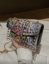 Graffiti Print Crossbody Bag Studded Chain Strap 20cm T2710 SK27