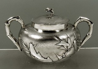 Chinese Export Silver Bamboo Sugar Bowl c1890 Signed
