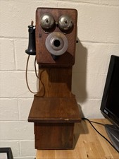 Vintage Wood Hand Crank Wall Mount Telephone Antique