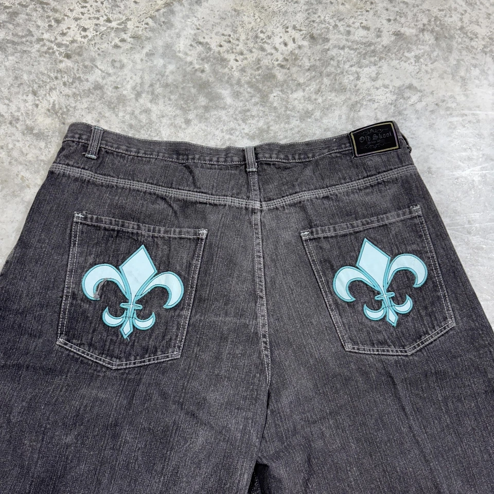 Pantalones Cortos de Denim Old Skool Para Hombres 48 Negros Sueltos Pantalones Cortos Flor de Lis Gráfico Ropa de Calle Foto 2 de 4
