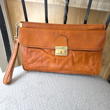 1960's Italian Caramel Cognac Leather Clutch Wristlet Bag Vintage Retro