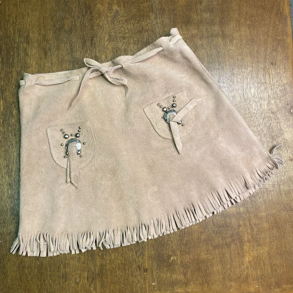 Falda Vintage Gamuza Niñas 6 a 7 Rosa Conchos Flecos Hecha a Mano Foto 4 de 4