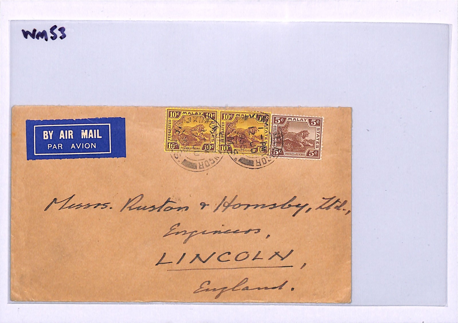MALAYA FMS TIGER Cover 25c Rate FRANKING Air Mail Kuala Lumpur 1935 Lincoln WM53