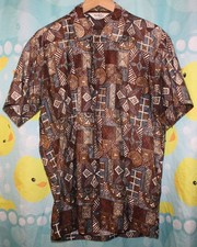 Vintage Paradise Hawaii Hawaiian Button Down Shirt Brown Geometric MCM 60s 70s