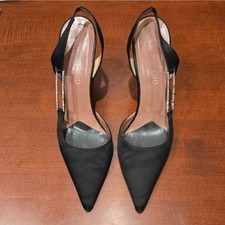 VALENTINO Black Satin Evening Shoes Heels Slingbacks Crystals Size 38.5 ITALY