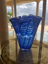 Mid-Century Italian Murano Scalloped Blue Art Glass Ruffled Vase
