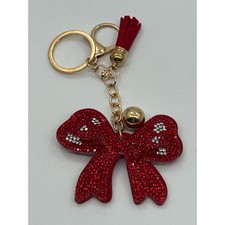 Red Rhinestone Bow Keychain with Tassel and Bell Gold Tone Bag Charm Accessory