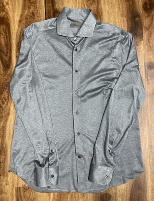 Corneliani mens 16/41 Gray Pique Cotton Jersey Knit Modern Luxury Dress Shirt